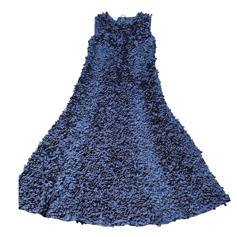 Akris Punto Ink Blue 3D Laser Cut Floral Petal Applique Midi Dress US 8 IT 44 - Picture 3 of 12